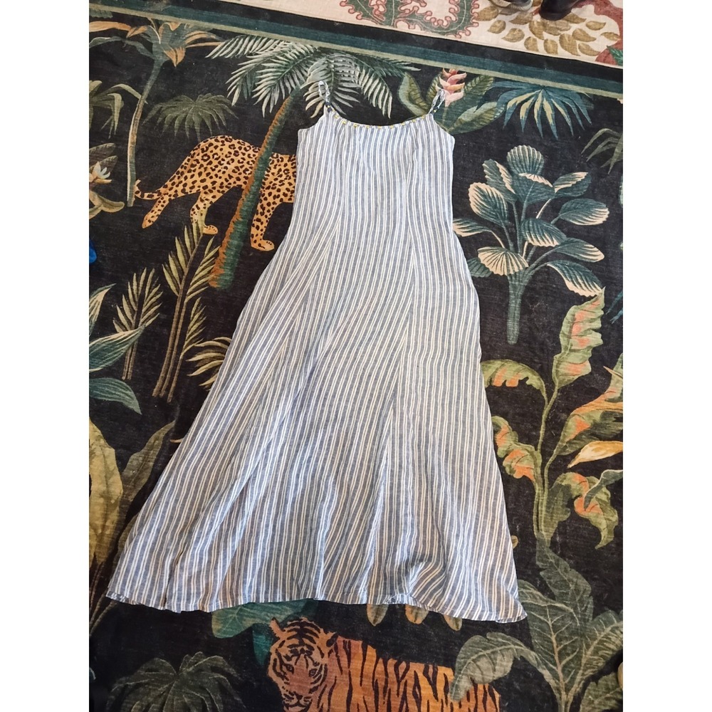 Calypso St Barth Linen Blue White Striped Coastal Beaded Maxi Dress Sz S Small